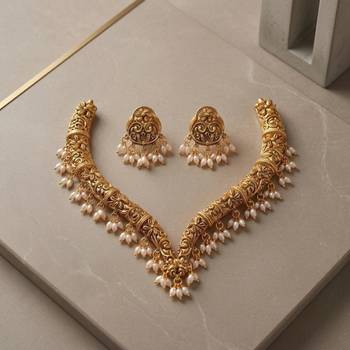 Handcrafted traditional gold-plated choker necklace set with pearl drops - ethnic jewelry for weddings 2