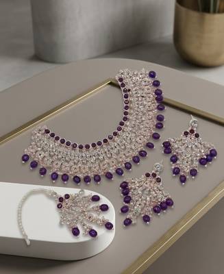 Purple kundan choker necklace set with earrings & maang tikka | indian bridal wedding & bollywood festival jewelry 1