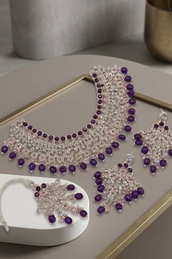 Purple kundan choker necklace set with earrings & maang tikka | indian bridal wedding & bollywood festival jewelry