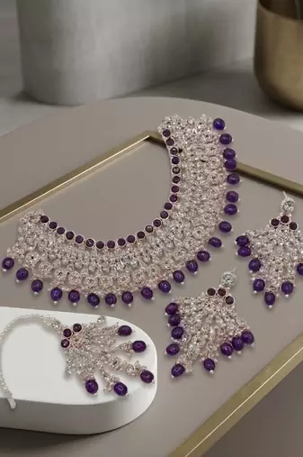 Purple kundan choker necklace set with earrings & maang tikka | indian bridal wedding & bollywood festival jewelry