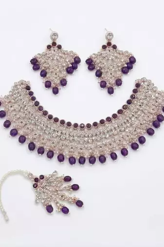 Purple kundan choker necklace set with earrings & maang tikka | indian bridal wedding & bollywood festival jewelry