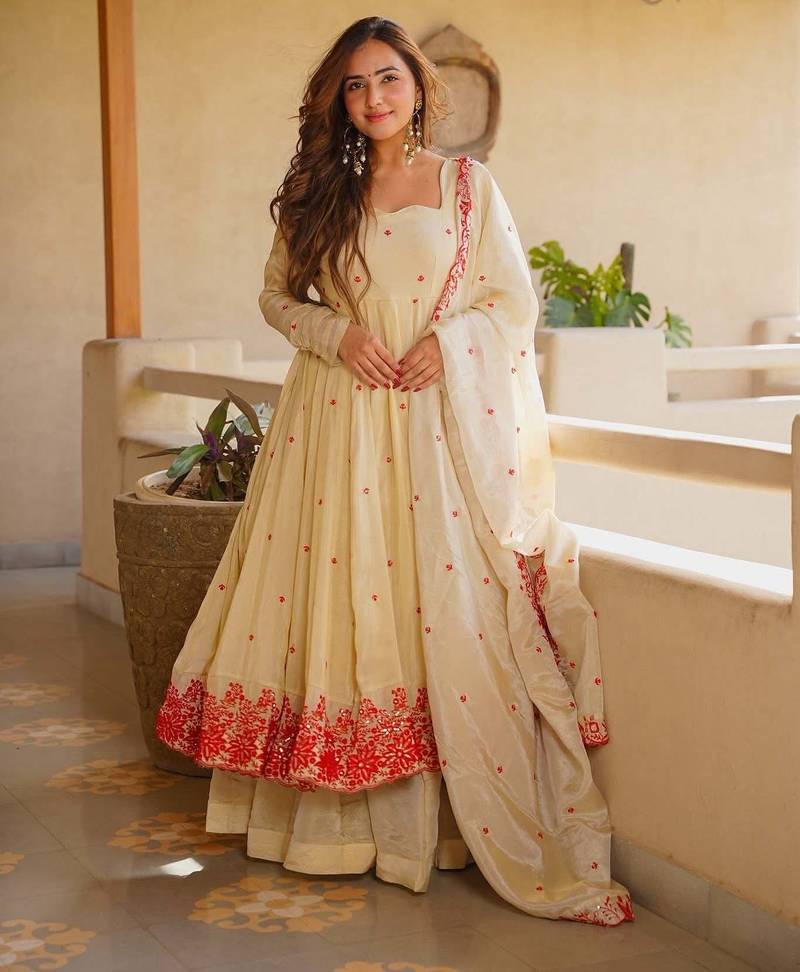 Off white silk blend  party wear embroidery sharara suit set