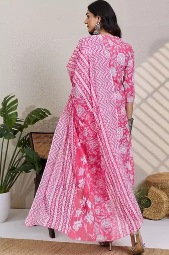 Women Floral Printed Regular Pure Cotton Kurta with Trousers & With Dupatta