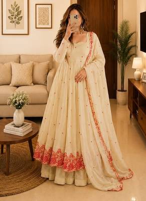 Off white silk blend  party wear embroidery sharara suit set 2