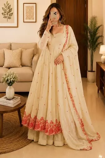 Off white silk blend party wear embroidery sharara suit set