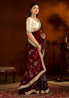 Maroon color satin silk saree with beige blouse heavy embroidered work 3