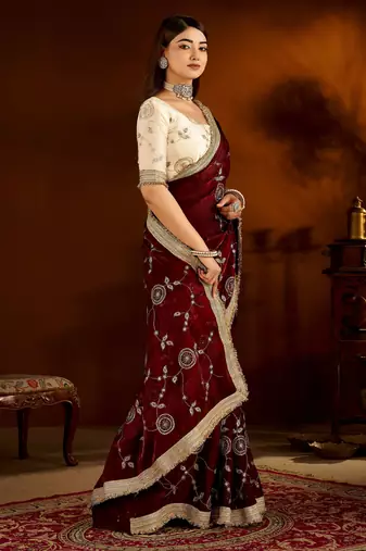 Maroon color satin silk saree with beige blouse heavy embroidered work