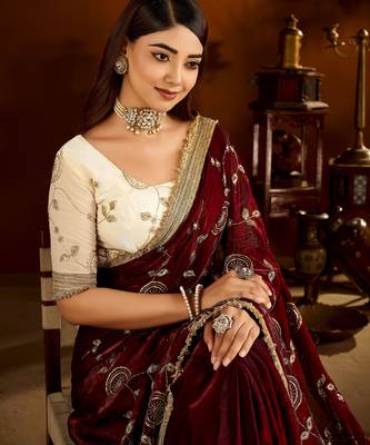 Maroon color satin silk saree with beige blouse heavy embroidered work 4