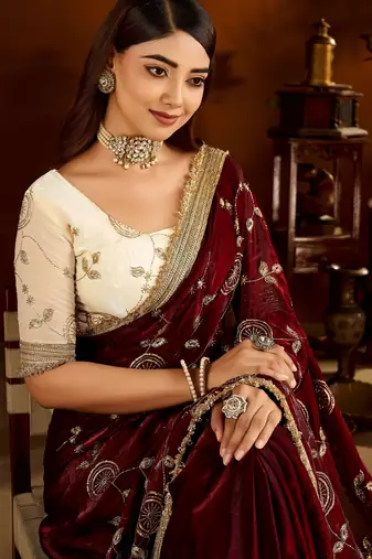 Maroon color satin silk saree with beige blouse heavy embroidered work