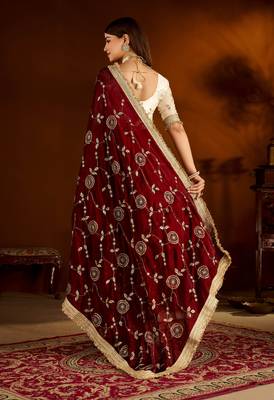 Maroon color satin silk saree with beige blouse heavy embroidered work 5