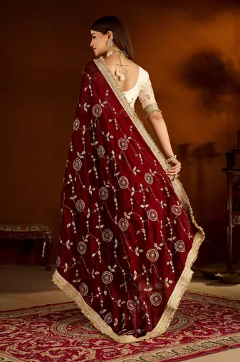 Maroon color satin silk saree with beige blouse heavy embroidered work