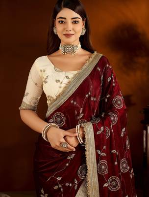 Maroon color satin silk saree with beige blouse heavy embroidered work 6