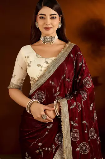 Maroon color satin silk saree with beige blouse heavy embroidered work