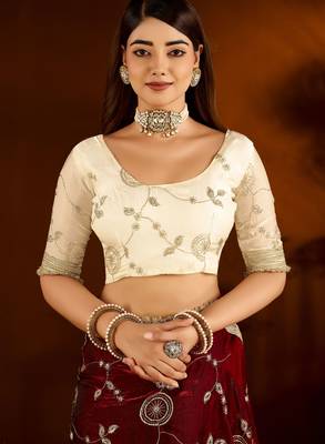 Maroon color satin silk saree with beige blouse heavy embroidered work 7