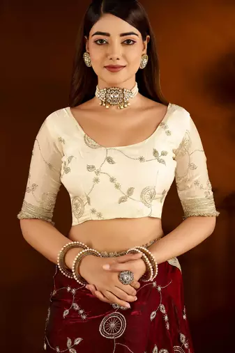 Maroon color satin silk saree with beige blouse heavy embroidered work