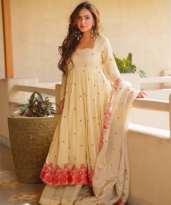 Off white silk blend  party wear embroidery sharara suit set 4