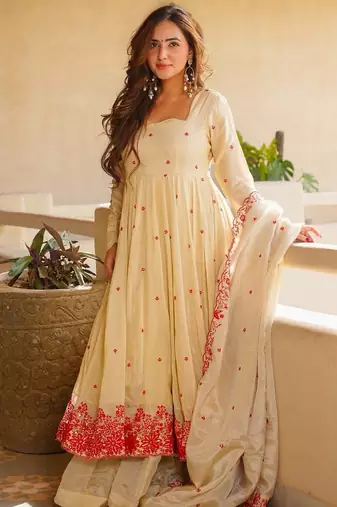 Off white silk blend party wear embroidery sharara suit set