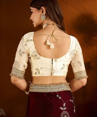 Maroon color satin silk saree with beige blouse heavy embroidered work 8