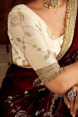 Maroon color satin silk saree with beige blouse heavy embroidered work 9