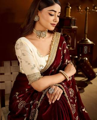 Maroon color satin silk saree with beige blouse heavy embroidered work 10