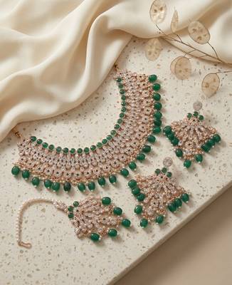 Green kundan choker necklace set with earrings & maang tikka | indian bridal wedding & bollywood festival jewelry 1