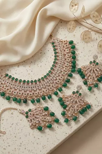 Green kundan choker necklace set with earrings & maang tikka | indian bridal wedding & bollywood festival jewelry