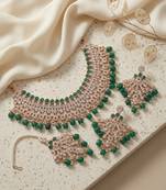 Green kundan choker necklace set with earrings & maang tikka | indian bridal wedding & bollywood festival jewelry