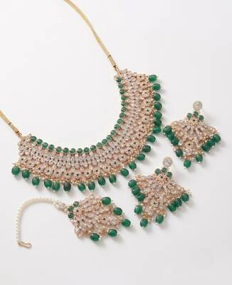Green kundan choker necklace set with earrings & maang tikka | indian bridal wedding & bollywood festival jewelry 2