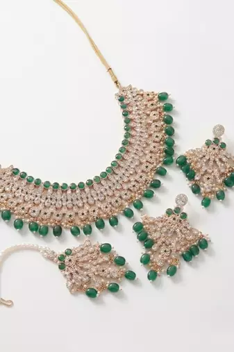Green kundan choker necklace set with earrings & maang tikka | indian bridal wedding & bollywood festival jewelry