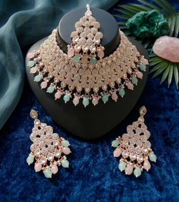 Kundan bridal choker jewelry set with  beads | indian wedding necklace, drop earrings & maang tikka 1