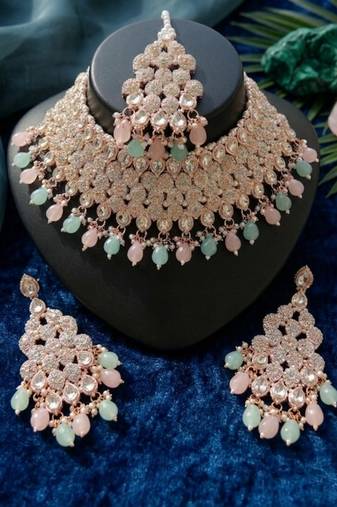 Kundan bridal choker jewelry set with  beads | indian wedding necklace, drop earrings & maang tikka