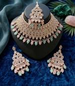 Kundan bridal choker jewelry set with  beads | indian wedding necklace, drop earrings & maang tikka