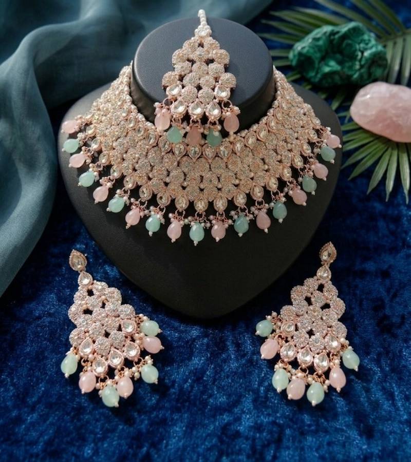 Kundan bridal choker jewelry set with  beads | indian wedding necklace, drop earrings & maang tikka