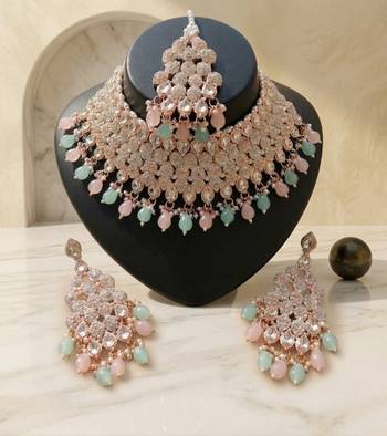 Kundan bridal choker jewelry set with  beads | indian wedding necklace, drop earrings & maang tikka 2