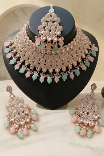 Kundan bridal choker jewelry set with  beads | indian wedding necklace, drop earrings & maang tikka