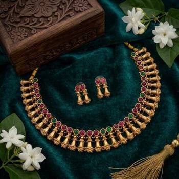 Antique gold plated temple indian jewelry set | traditional ruby green choker necklace & earrings for wedding festival 1