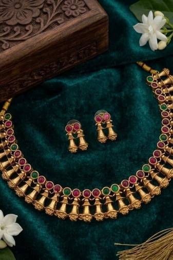 Antique gold plated temple indian jewelry set | traditional ruby green choker necklace & earrings for wedding festival