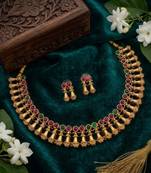Antique gold plated temple indian jewelry set | traditional ruby green choker necklace & earrings for wedding festival