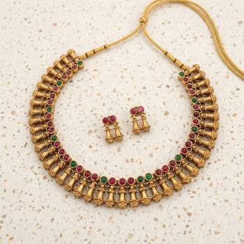 Antique gold plated temple indian jewelry set | traditional ruby green choker necklace & earrings for wedding festival 2