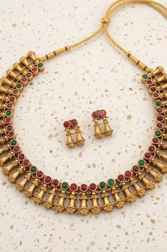 Antique gold plated temple indian jewelry set | traditional ruby green choker necklace & earrings for wedding festival