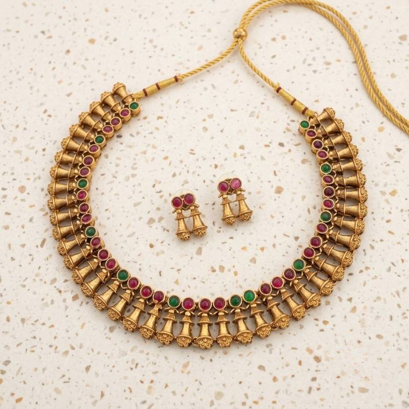 Antique gold plated temple indian jewelry set | traditional ruby green choker necklace & earrings for wedding festival
