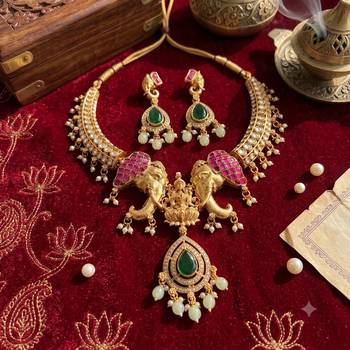 Antique gold temple jewelry set with kundan elephant motif necklace & earrings – indian bridal wedding choker 1