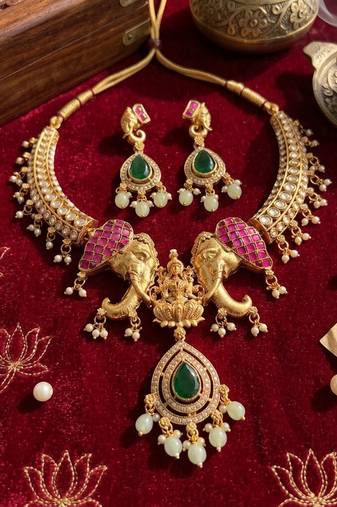 Antique gold temple jewelry set with kundan elephant motif necklace & earrings – indian bridal wedding choker