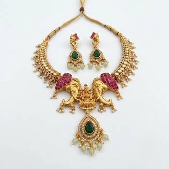 Antique gold temple jewelry set with kundan elephant motif necklace & earrings – indian bridal wedding choker 2
