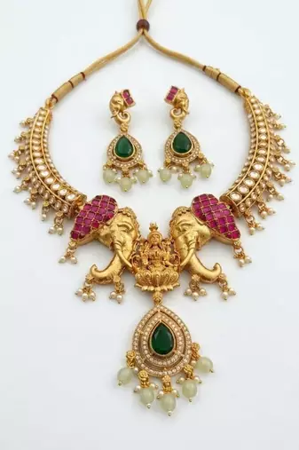 Antique gold temple jewelry set with kundan elephant motif necklace & earrings – indian bridal wedding choker
