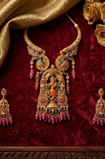 Antique gold plated south indian temple jewelry set - krishna motif necklace with jhumka earrings for weddings