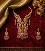 Antique gold plated south indian temple jewelry set - krishna motif necklace with jhumka earrings for weddings