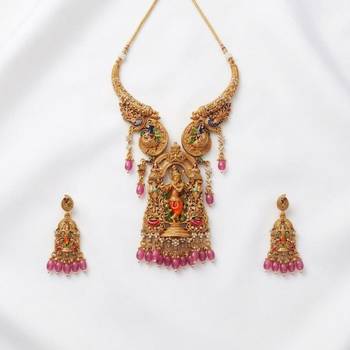 Antique gold plated south indian temple jewelry set - krishna motif necklace with jhumka earrings for weddings 2