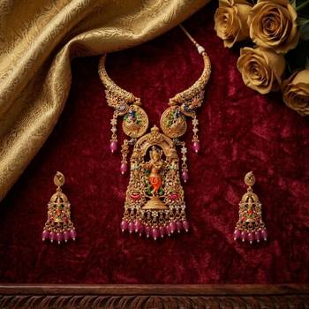 Antique gold plated south indian temple jewelry set - krishna motif necklace with jhumka earrings for weddings 1