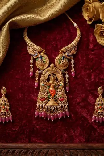 Antique gold plated south indian temple jewelry set - krishna motif necklace with jhumka earrings for weddings